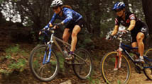 ca. 2001, California, USA --- Mountain Bikers Going Downhill --- Image by © RNT Productions/CORBIS